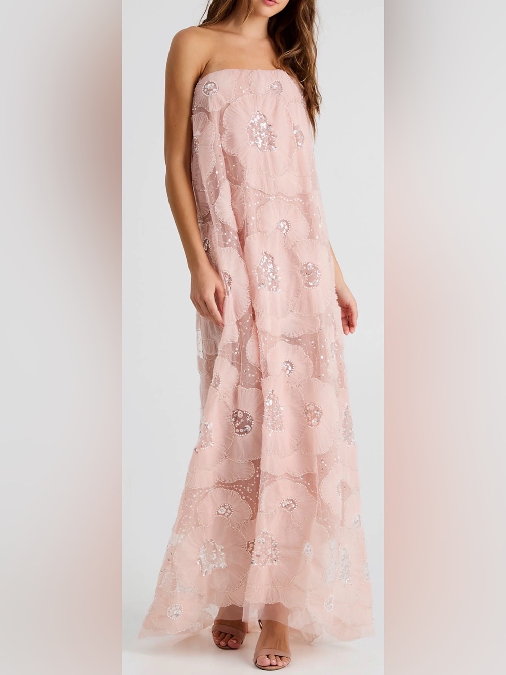 NEW HELSI Margot Bead & 3D floral Appliqué Strapless Mesh pink pearl Gown SZ M